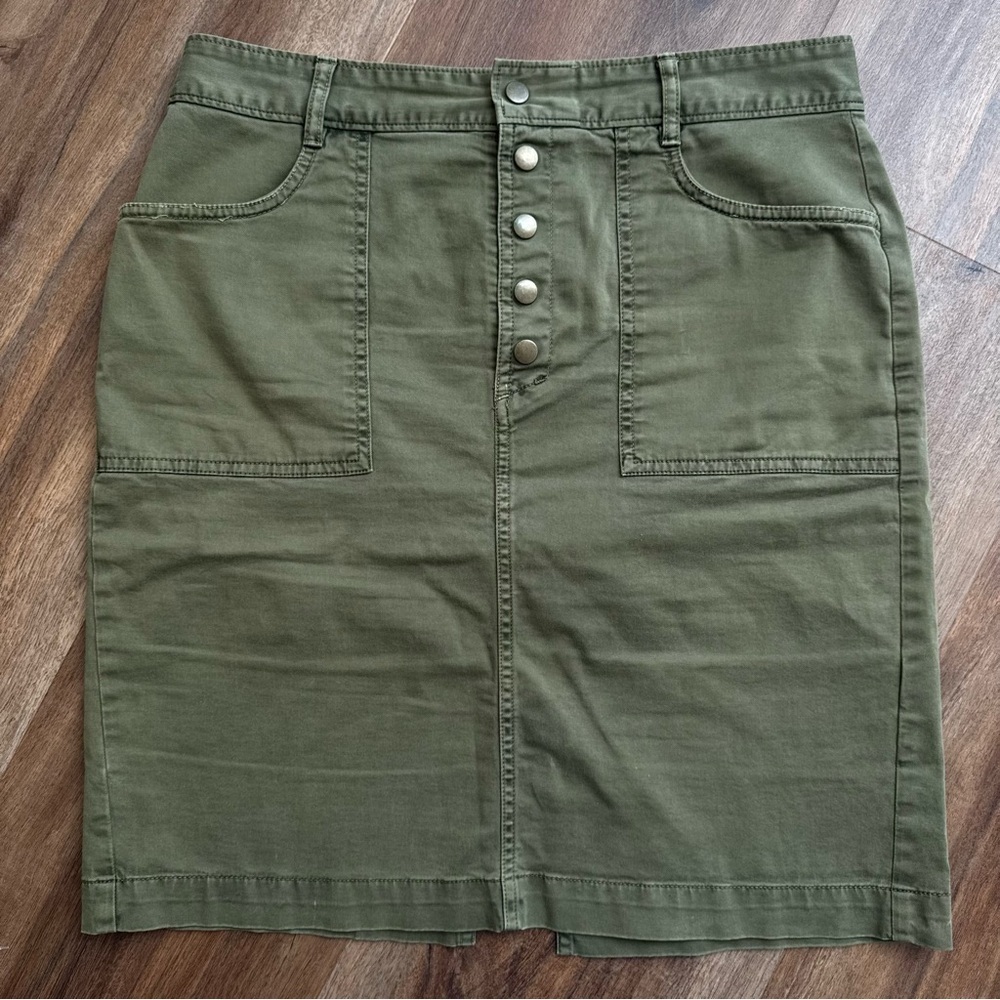 Banana Republic Utility Midi Skirt Olive Green Safari Button Front Minimalist - Picture 2 of 7